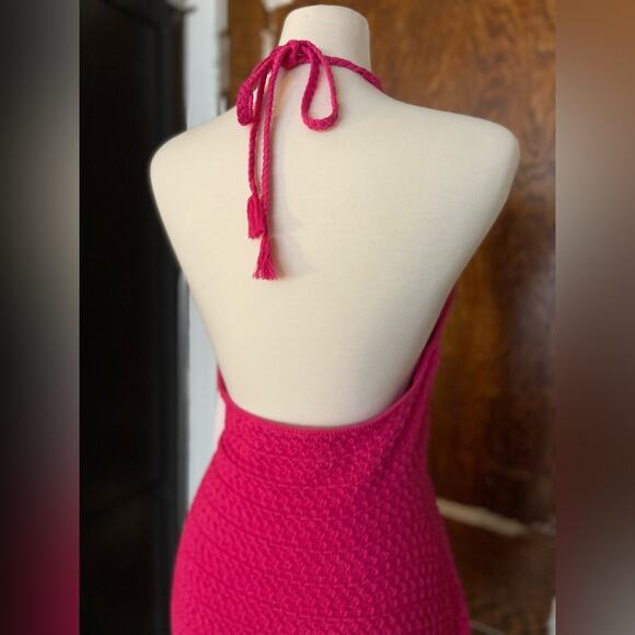 AQUA Pink Crochet Halter Top Mini Dress sz L (NWT) - Picture 7 of 13